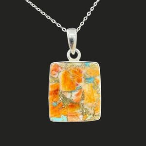 Spiny Oyster Copper Turquoise Pendant Necklace 925 Sterling Silver 18in Chain